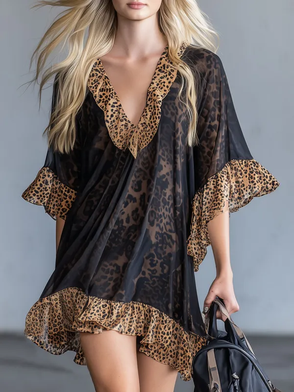 Leopard Print Chiffon Short-sleeved Mini Dress made by Oyrosy