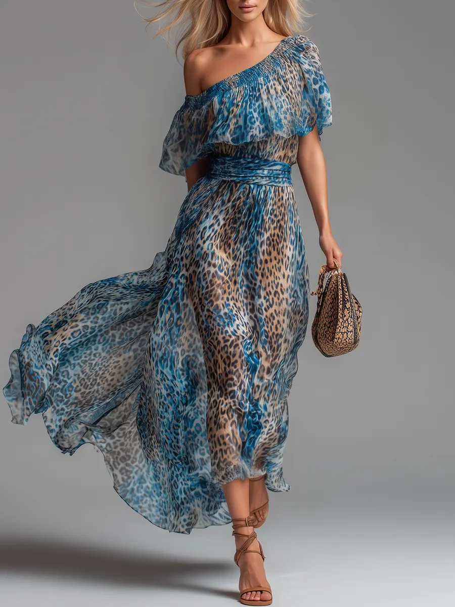 Stylish And Elegant Off-the-shoulder Short-sleeved Leopard Print Chiffon Maxi Dress sold by Oyrosy