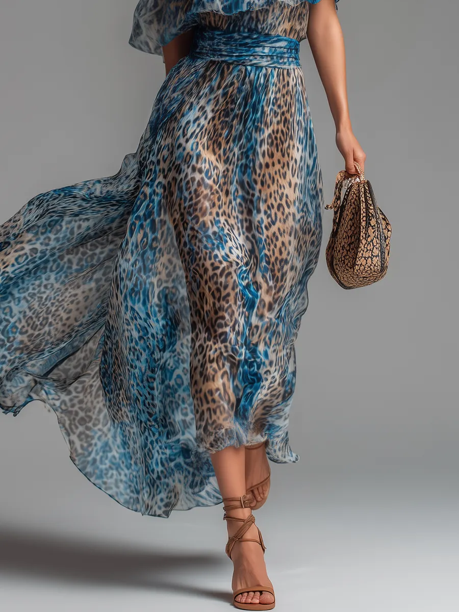 Stylish And Elegant Off-the-shoulder Short-sleeved Leopard Print Chiffon Maxi Dress sold by Oyrosy product image thumbnail 4