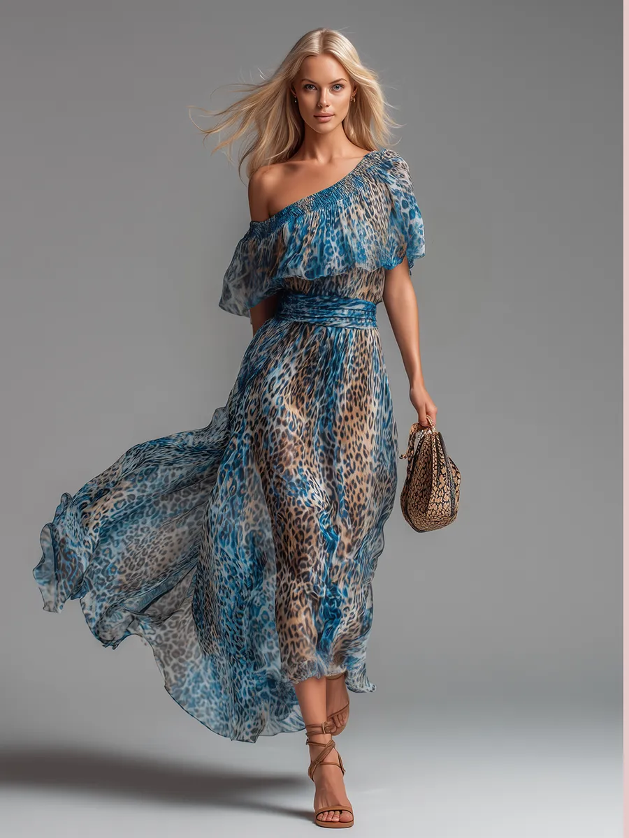 Stylish And Elegant Off-the-shoulder Short-sleeved Leopard Print Chiffon Maxi Dress sold by Oyrosy product image thumbnail 2