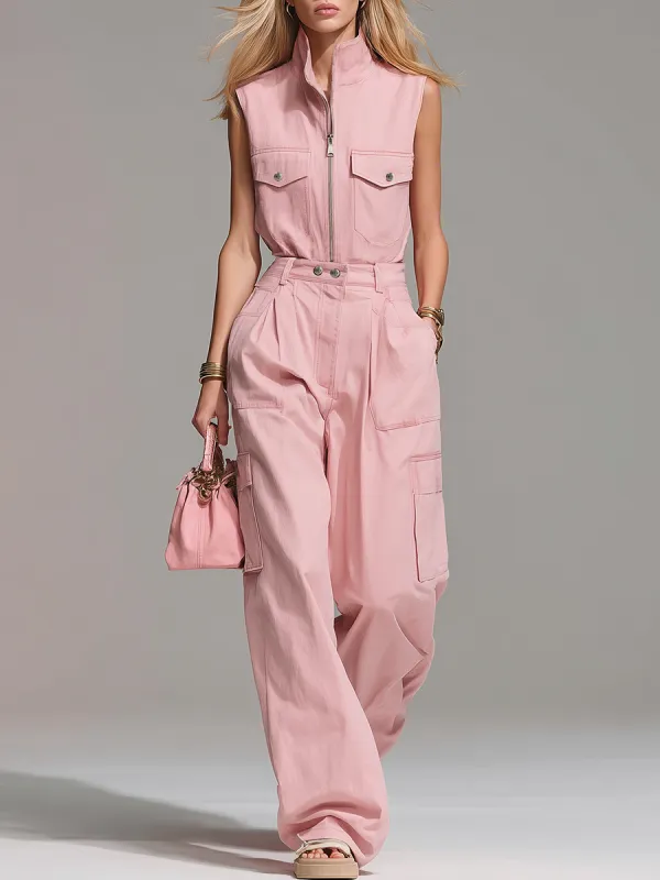 Casual And Comfortable Stand-up Collar Zip-up Sleeveless Top And Cargo Trousers Set made by Oyrosy