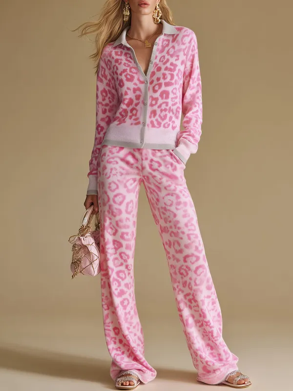 Elegant And Retro Color-blocked Leopard Print Knitted Top And Pants Set. made by Oyrosy