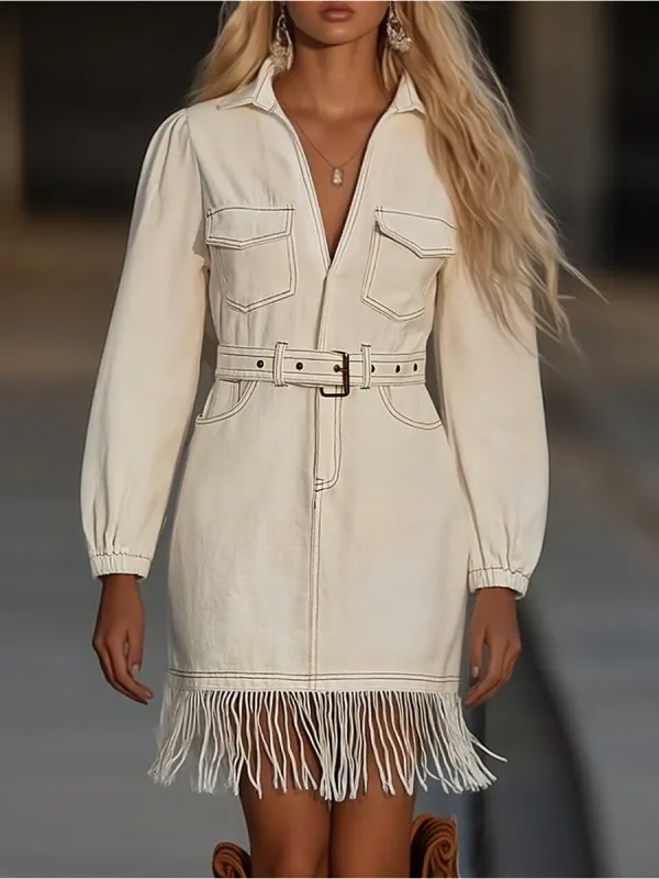 Retro High-end Fashion Tassel Splicing Denim Mini Dress sold by Oyrosy