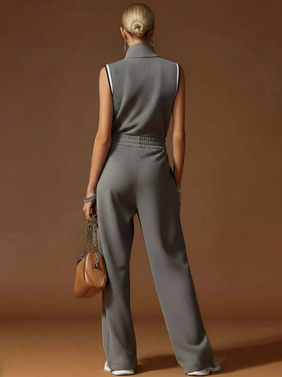 Casual Sporty Retro Dark Gray Cotton Blend Zipper Sleeveless Jumpsuit sold by Oyrosy product image thumbnail 3