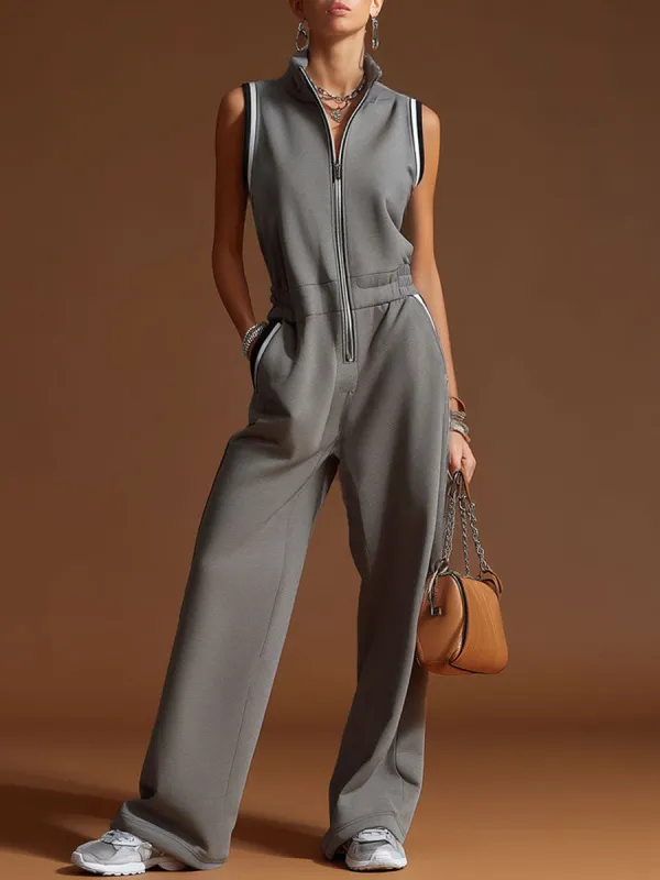 Casual Sporty Retro Dark Gray Cotton Blend Zipper Sleeveless Jumpsuit made by Oyrosy