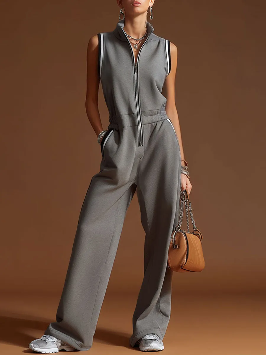 Casual Sporty Retro Dark Gray Cotton Blend Zipper Sleeveless Jumpsuit sold by Oyrosy