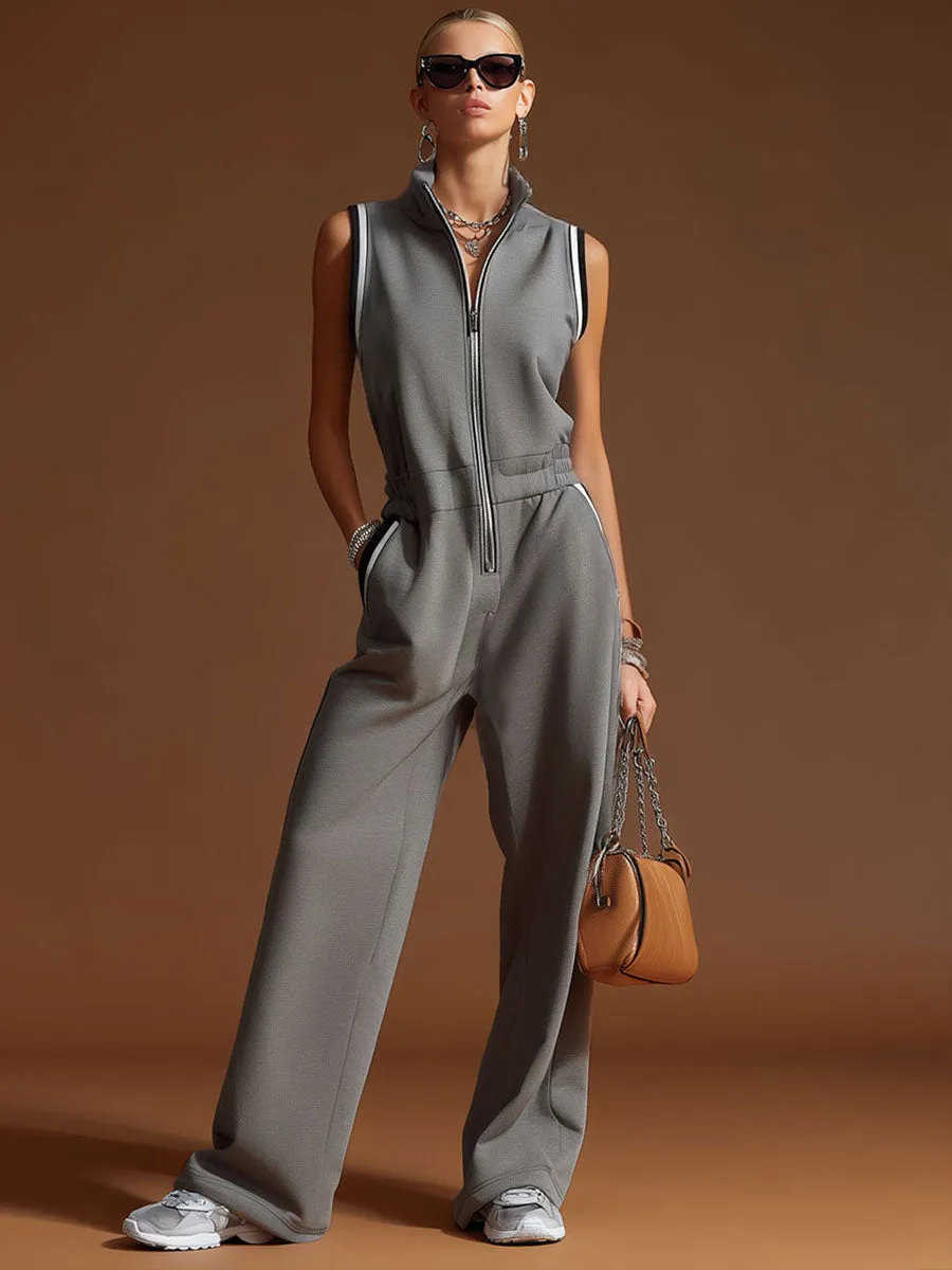 Casual Sporty Retro Dark Gray Cotton Blend Zipper Sleeveless Jumpsuit sold by Oyrosy product image thumbnail 2