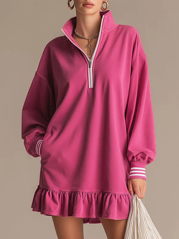 Sporty Retro Pink Cotton Half-Zip Ruffle Sweatshirt Mini Dress sold by Oyrosy