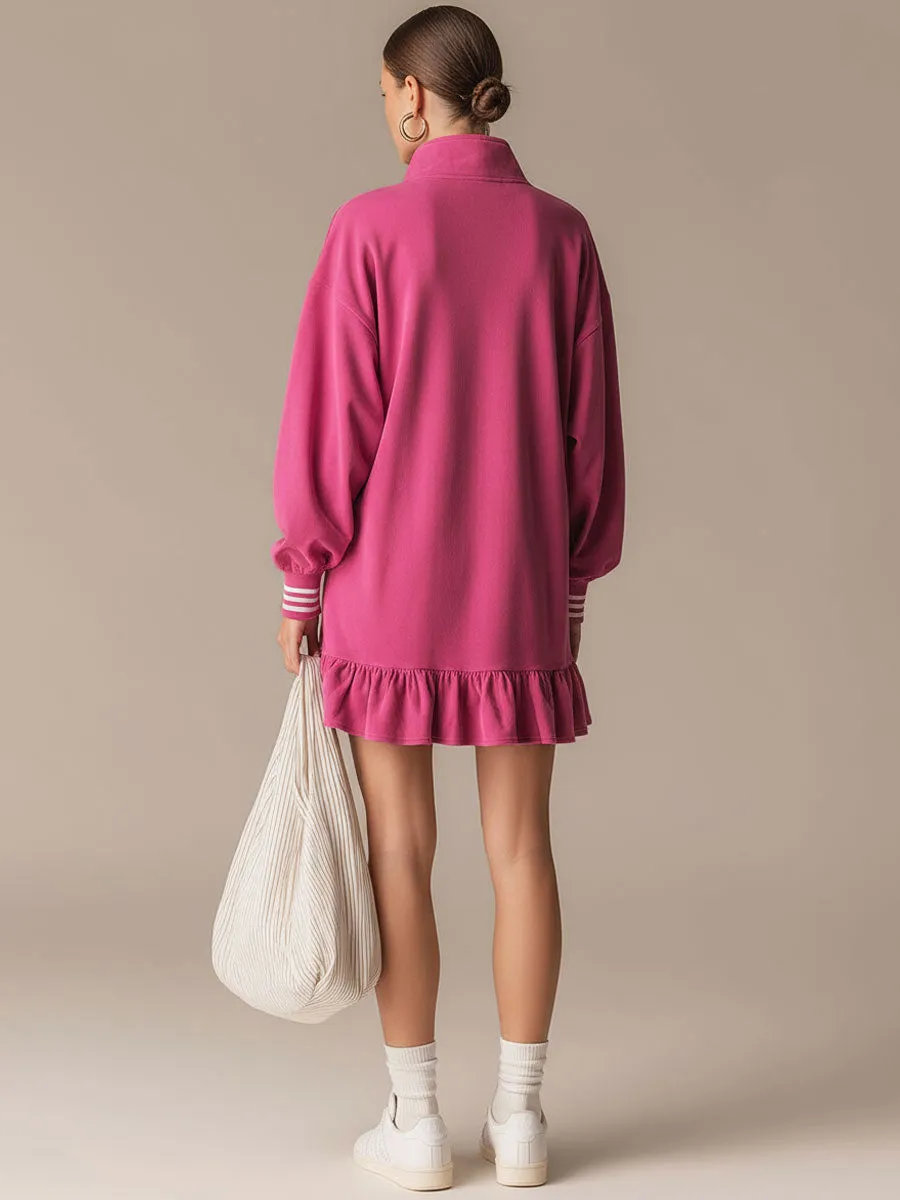 Sporty Retro Pink Cotton Half-Zip Ruffle Sweatshirt Mini Dress sold by Oyrosy product image thumbnail 3
