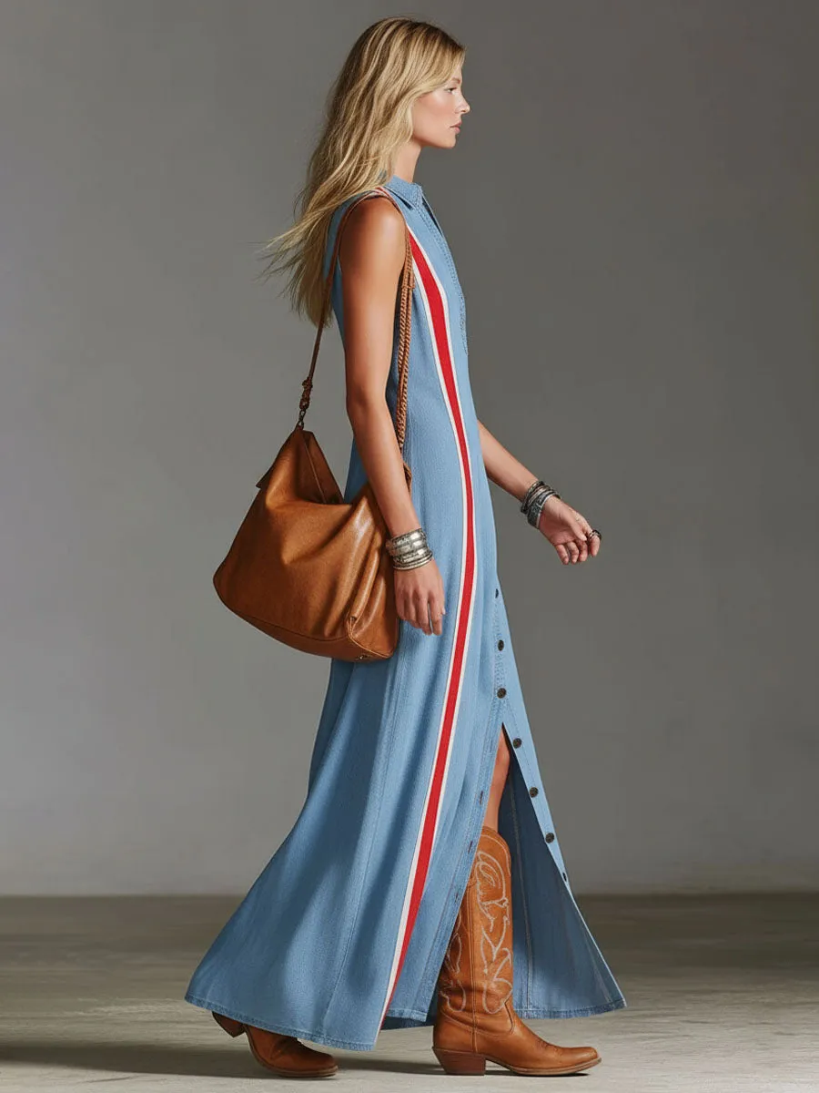 Lapel Collar Contrasting Trim Side Slit Sleeveless Denim Maxi Dress sold by Oyrosy product image thumbnail 3