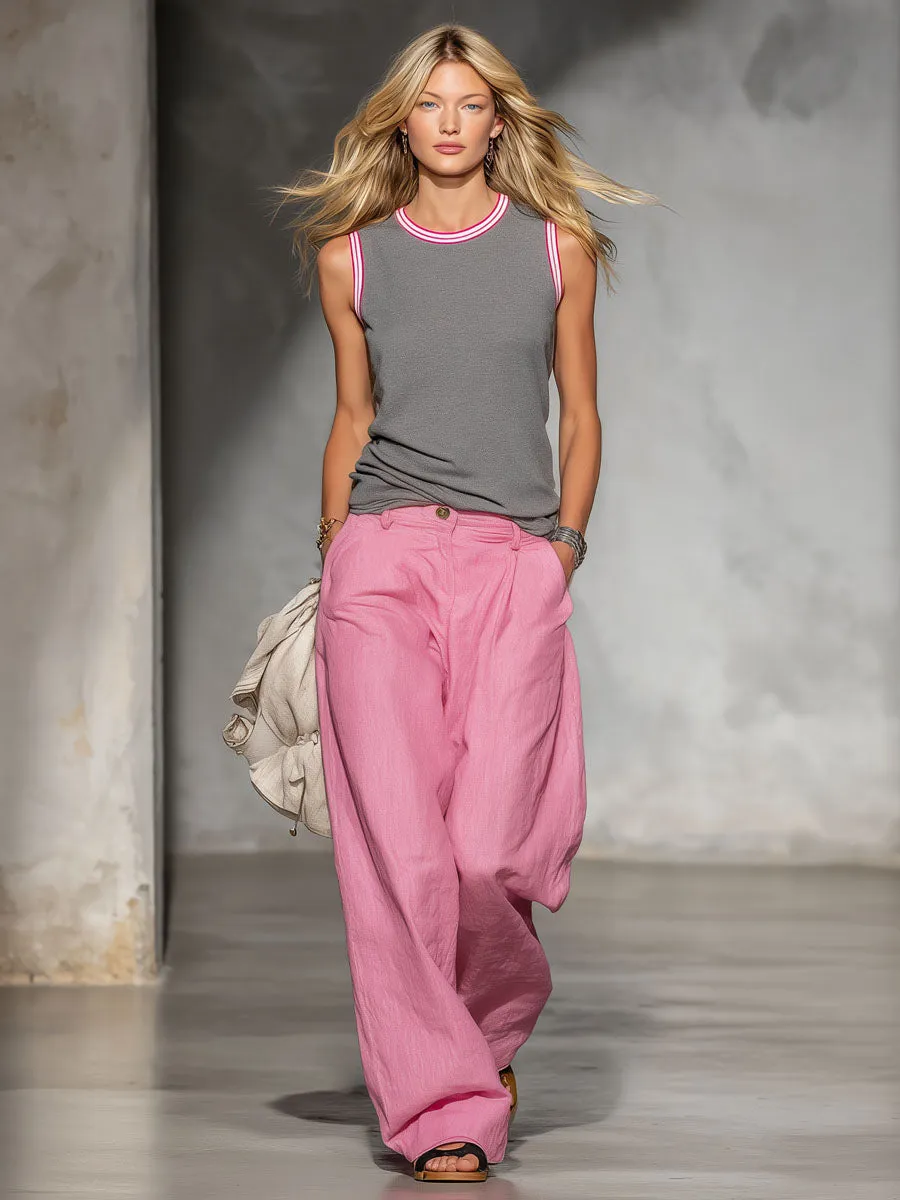 Round-neck Sleeveless Top And Cotton And Linen Wide-leg Pants Set sold by Oyrosy product image thumbnail 2