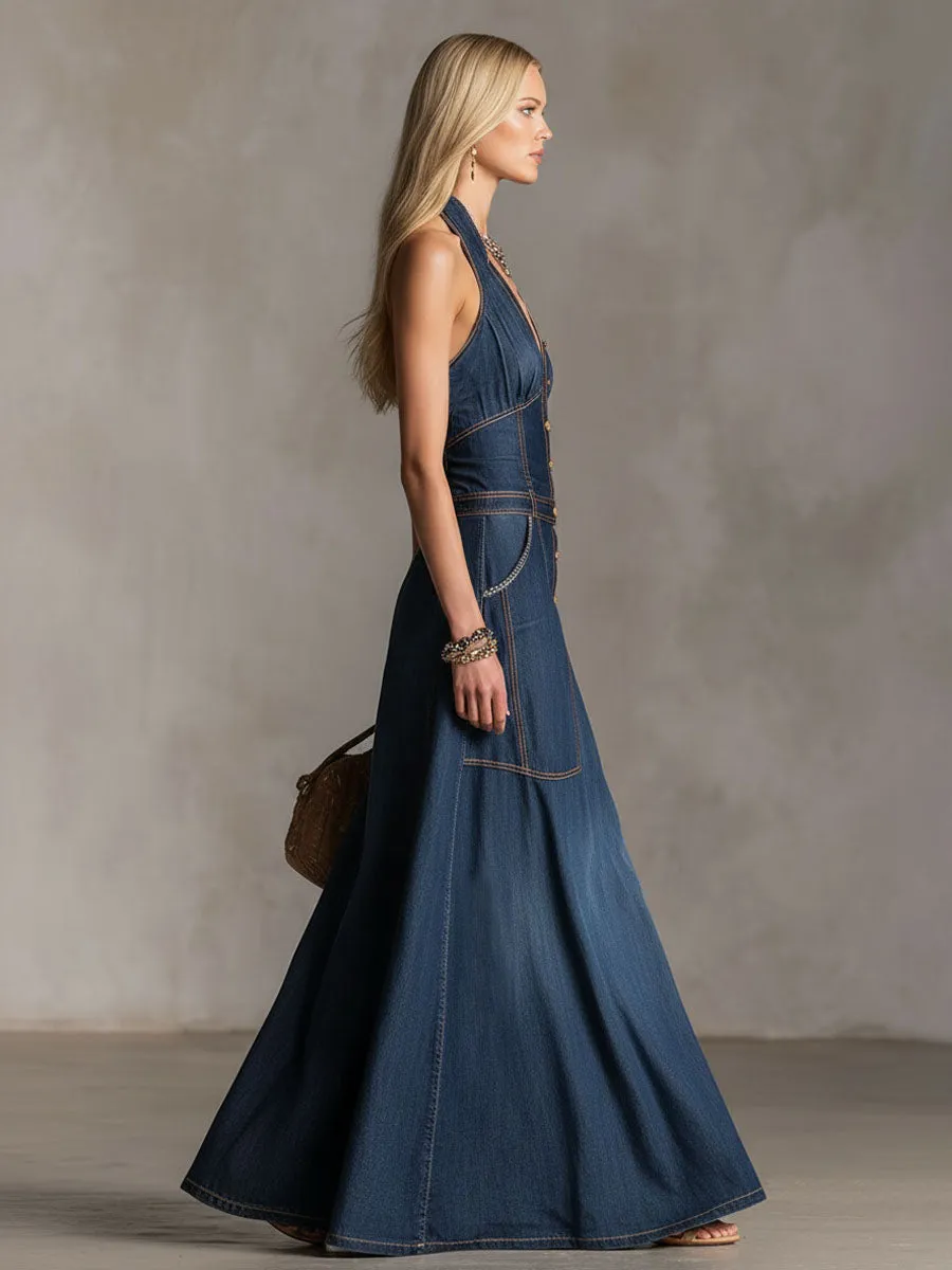 Halter Neck V-neck Button-down Double Pocket Sleeveless Denim Maxi Dress sold by Oyrosy product image thumbnail 3
