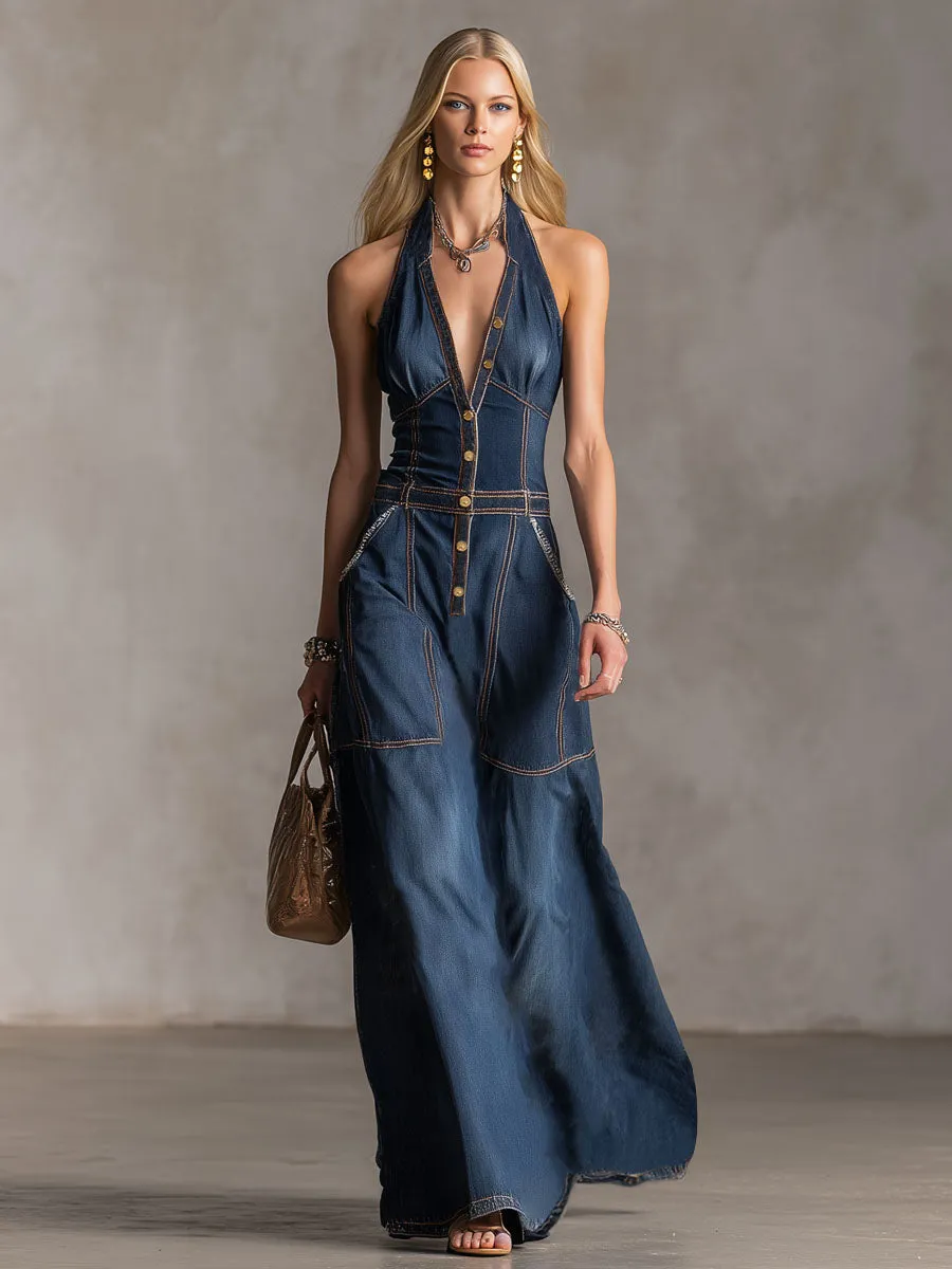 Halter Neck V-neck Button-down Double Pocket Sleeveless Denim Maxi Dress sold by Oyrosy product image thumbnail 2