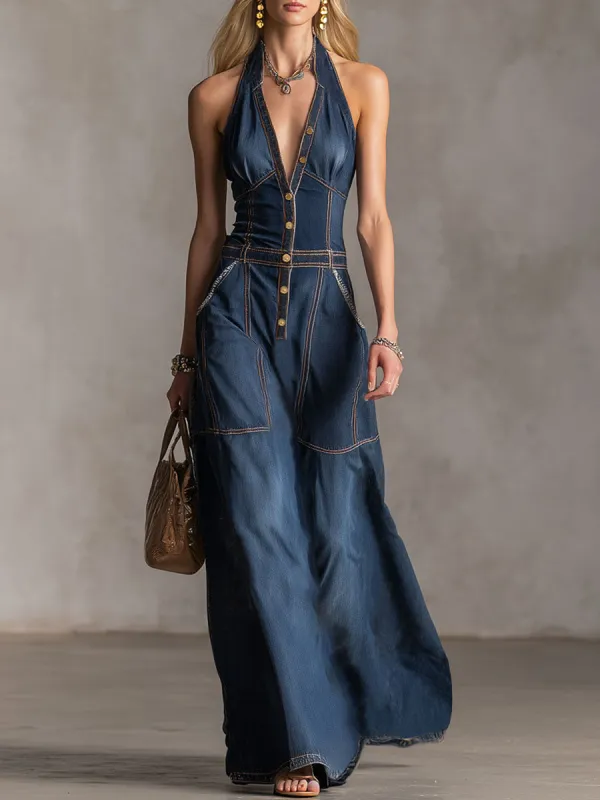 Halter Neck V-neck Button-down Double Pocket Sleeveless Denim Maxi Dress sold by Oyrosy