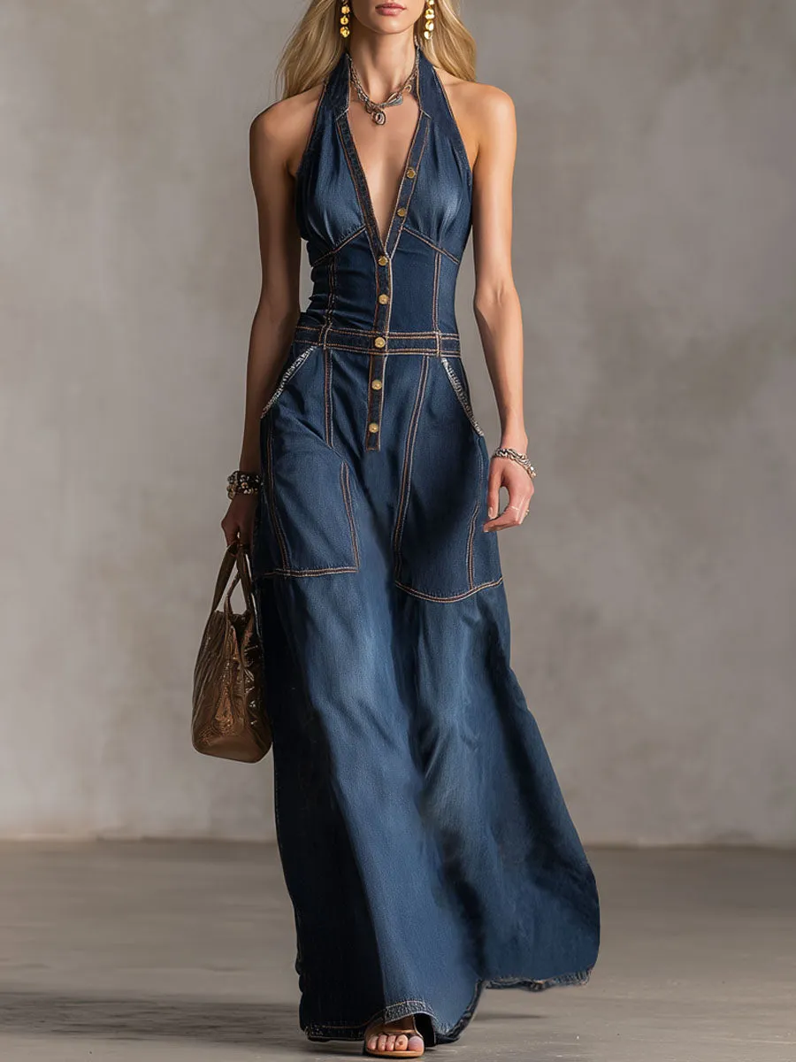 Halter Neck V-neck Button-down Double Pocket Sleeveless Denim Maxi Dress sold by Oyrosy
