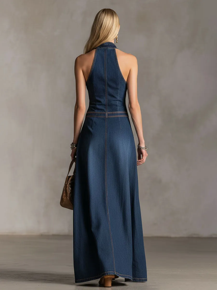 Halter Neck V-neck Button-down Double Pocket Sleeveless Denim Maxi Dress sold by Oyrosy product image thumbnail 4