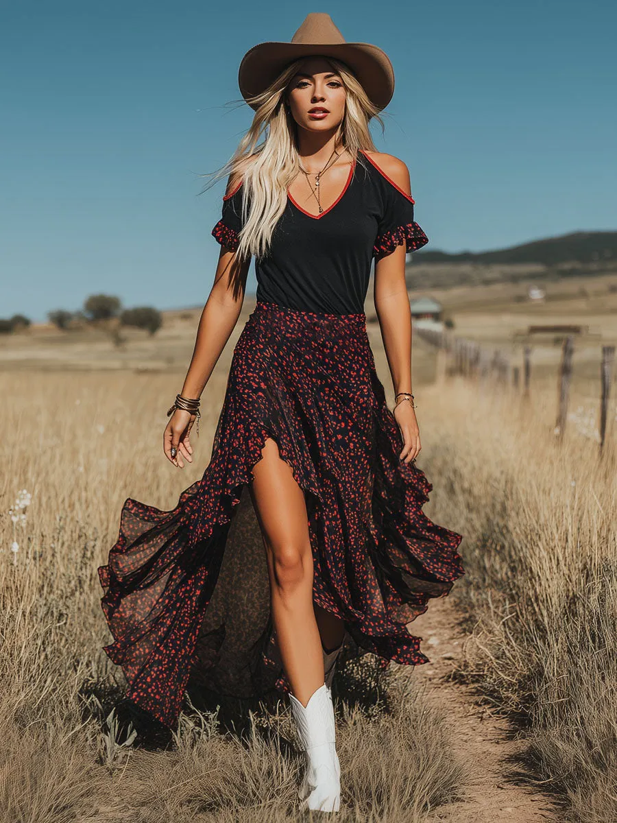 V-neck Off-the-shoulder Short-sleeved Top And Long Skirt Set sold by Oyrosy product image thumbnail 2