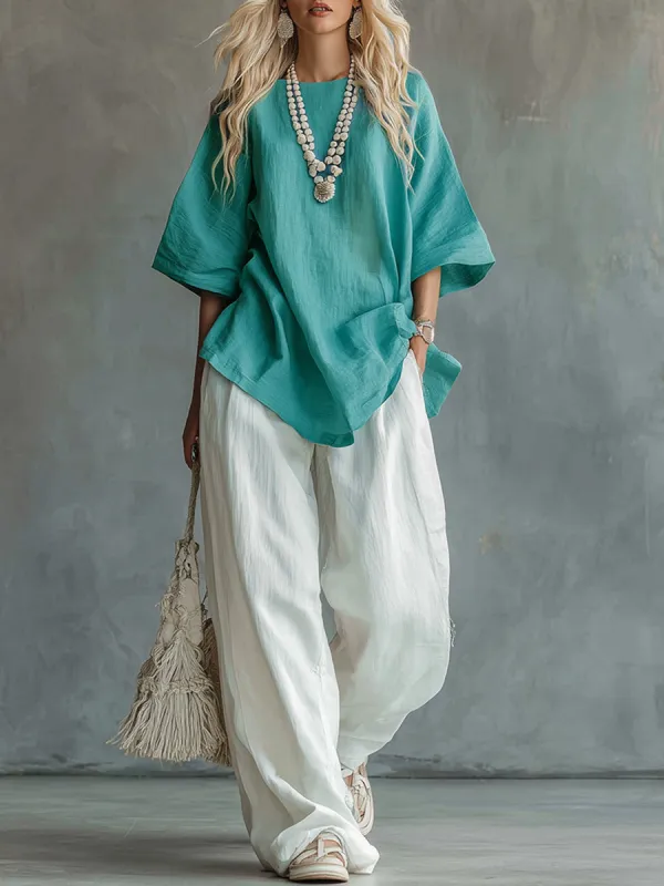 Urban Casual Light Blue-green T-shirt And White Wide-leg Pants Cotton And Linen Set sold by Oyrosy