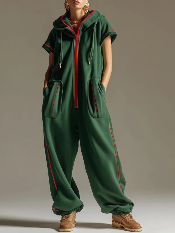 Loose-fitting Retro Sporty Dark Green Hooded Short-sleeved Jumpsuit made by Oyrosy