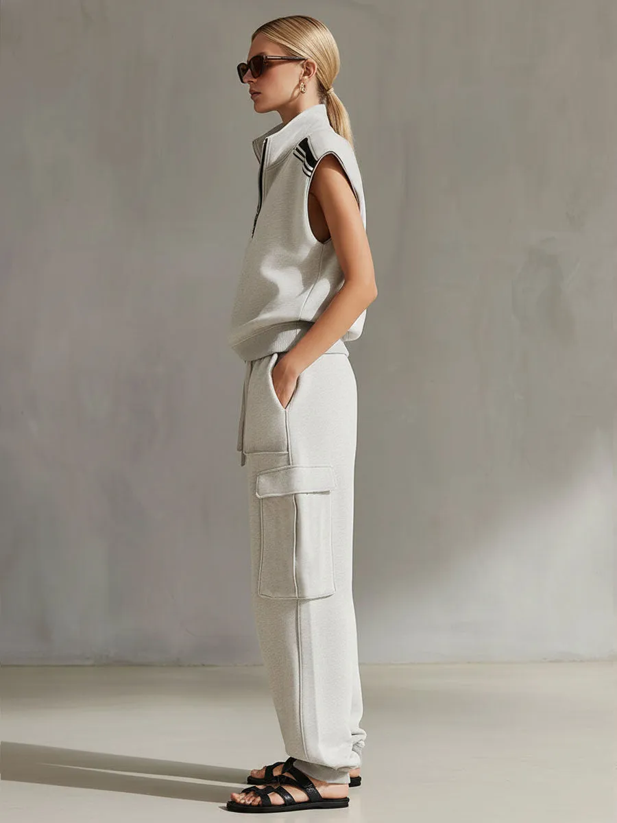 Casual Retro Sporty Gray And White Half-Zip Sleeveless Sweatshirt And Cargo Pants Set sold by Oyrosy product image thumbnail 3