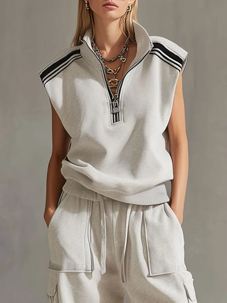 Casual Retro Sporty Gray And White Half-Zip Sleeveless Sweatshirt And Cargo Pants Set sold by Oyrosy product image thumbnail 5