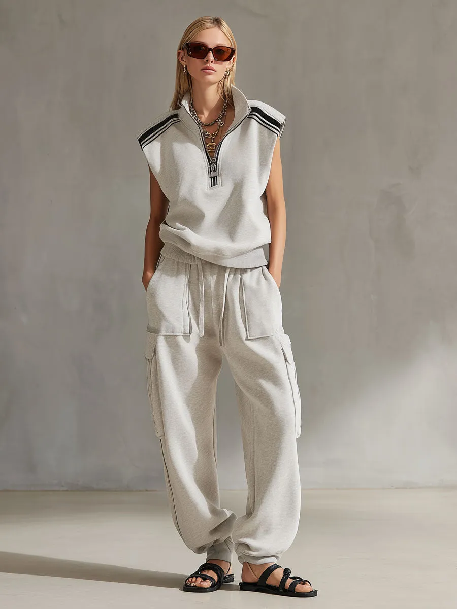 Casual Retro Sporty Gray And White Half-Zip Sleeveless Sweatshirt And Cargo Pants Set sold by Oyrosy product image thumbnail 2