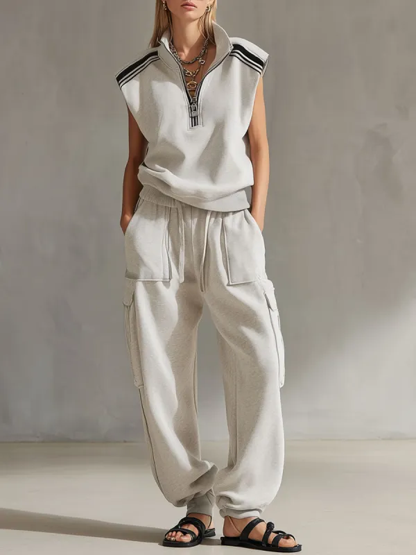 Casual Retro Sporty Gray And White Half-Zip Sleeveless Sweatshirt And Cargo Pants Set made by Oyrosy