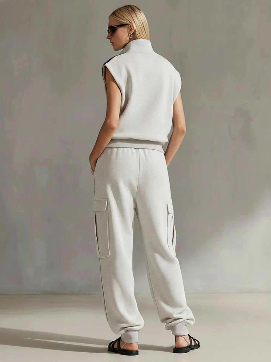 Casual Retro Sporty Gray And White Half-Zip Sleeveless Sweatshirt And Cargo Pants Set sold by Oyrosy product image thumbnail 4