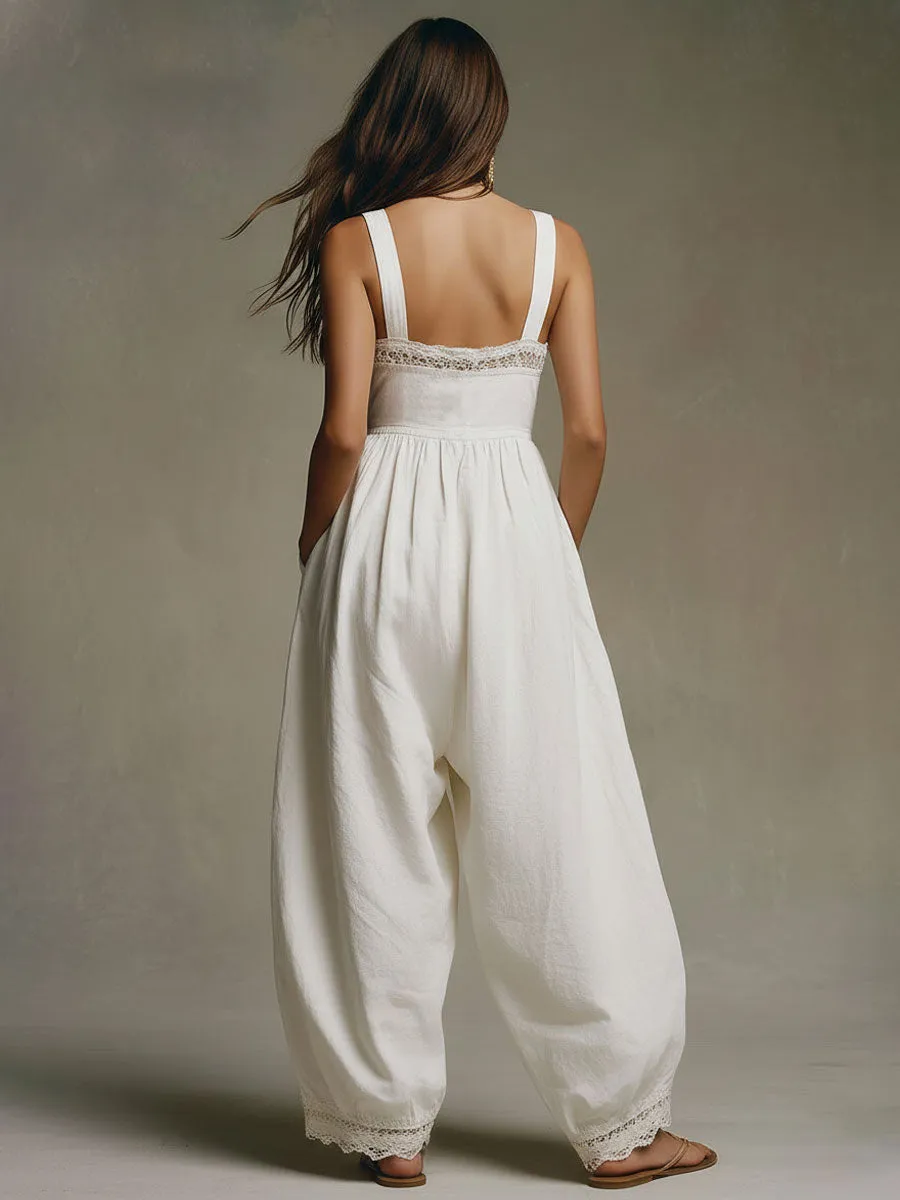 Casual Retro Lace White Cotton Balloon Overalls sold by Oyrosy product image thumbnail 4