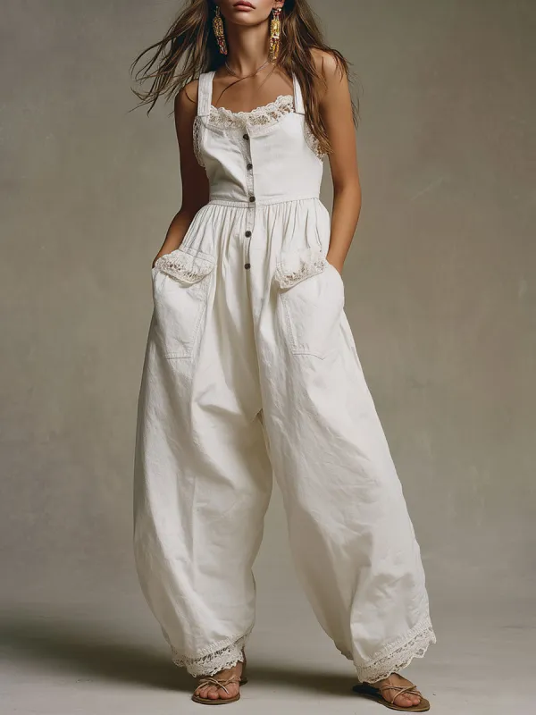 Casual Retro Lace White Cotton Balloon Overalls sold by Oyrosy