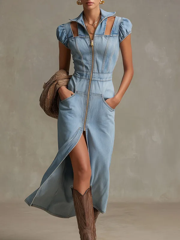 Casual Retro Light Blue Denim Cutout Short-sleeved Zipper Midi Dress sold by Oyrosy