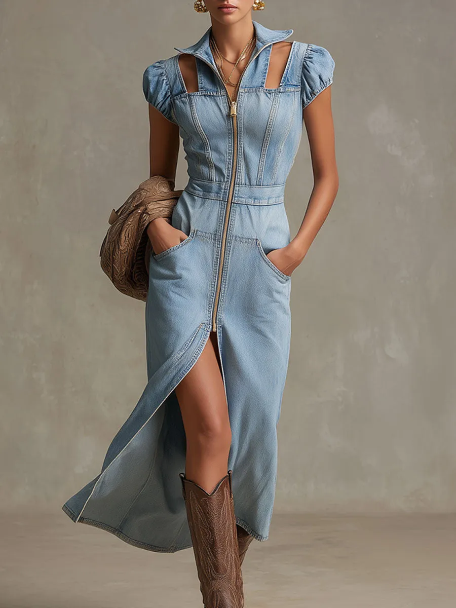 Casual Retro Light Blue Denim Cutout Short-sleeved Zipper Midi Dress sold by Oyrosy