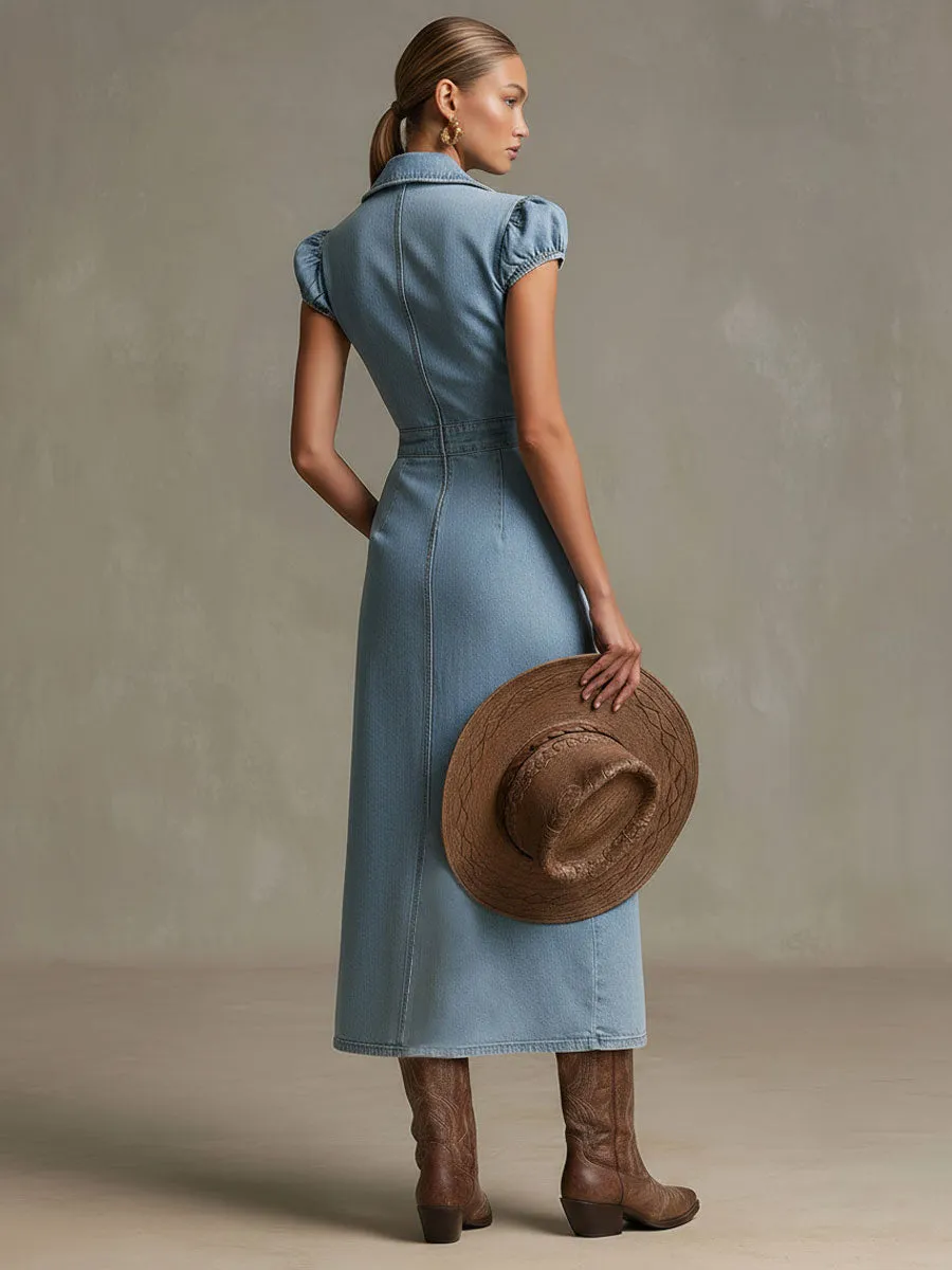 Casual Retro Light Blue Denim Cutout Short-sleeved Zipper Midi Dress sold by Oyrosy product image thumbnail 3