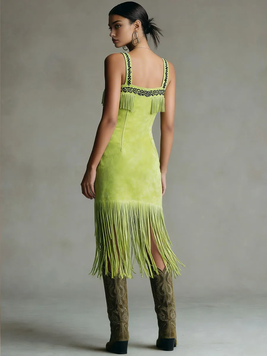Western Retro Fluorescent Green Faux Suede Embroidered Tassel Midi Dress sold by Oyrosy product image thumbnail 3