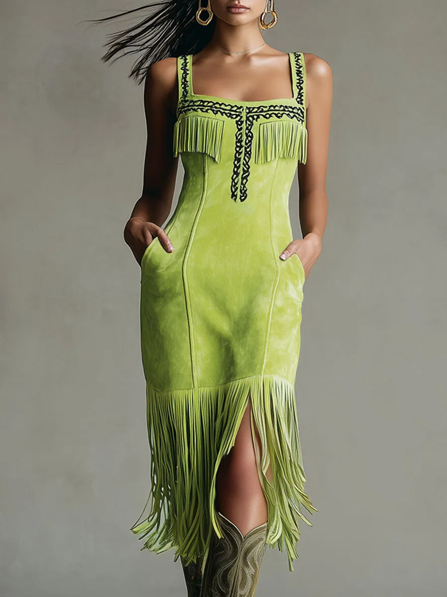 Western Retro Fluorescent Green Faux Suede Embroidered Tassel Midi Dress sold by Oyrosy