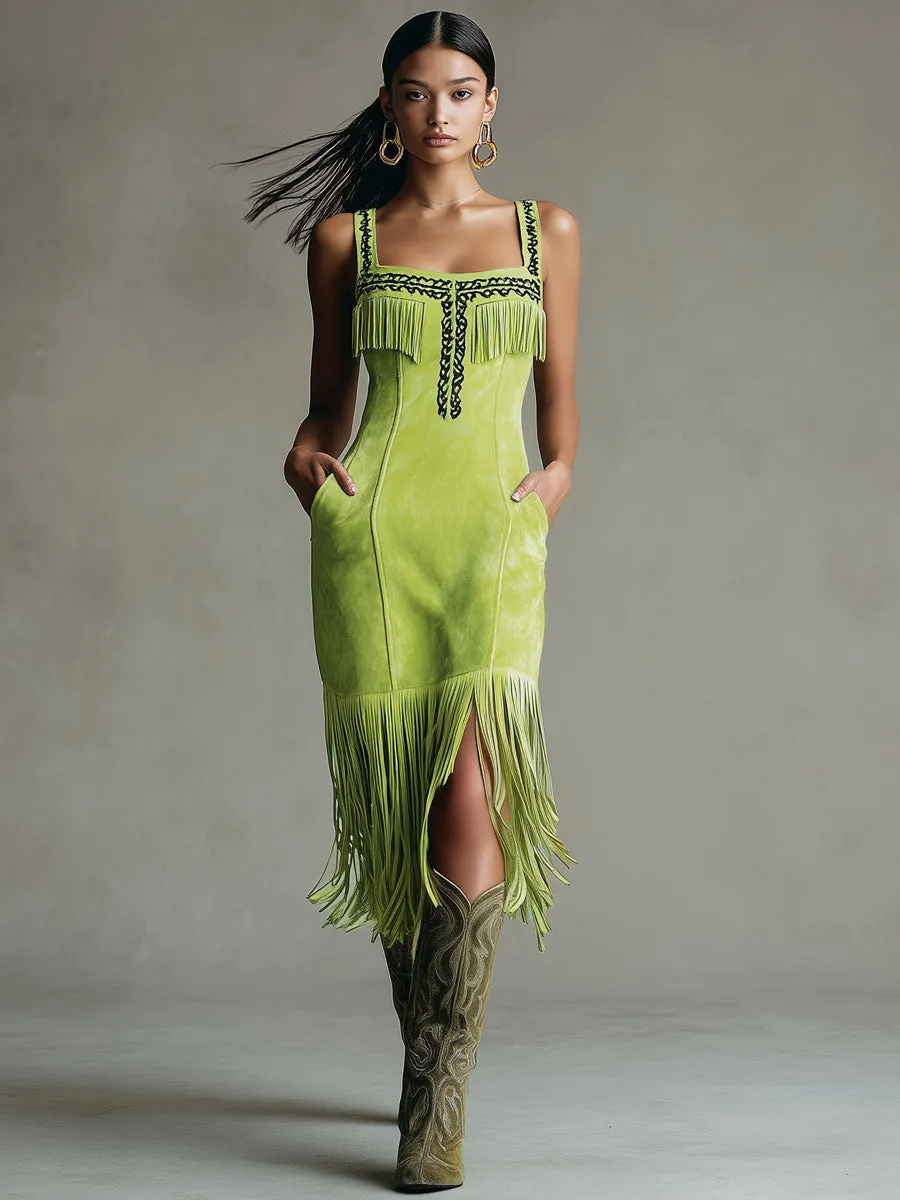 Western Retro Fluorescent Green Faux Suede Embroidered Tassel Midi Dress sold by Oyrosy product image thumbnail 2