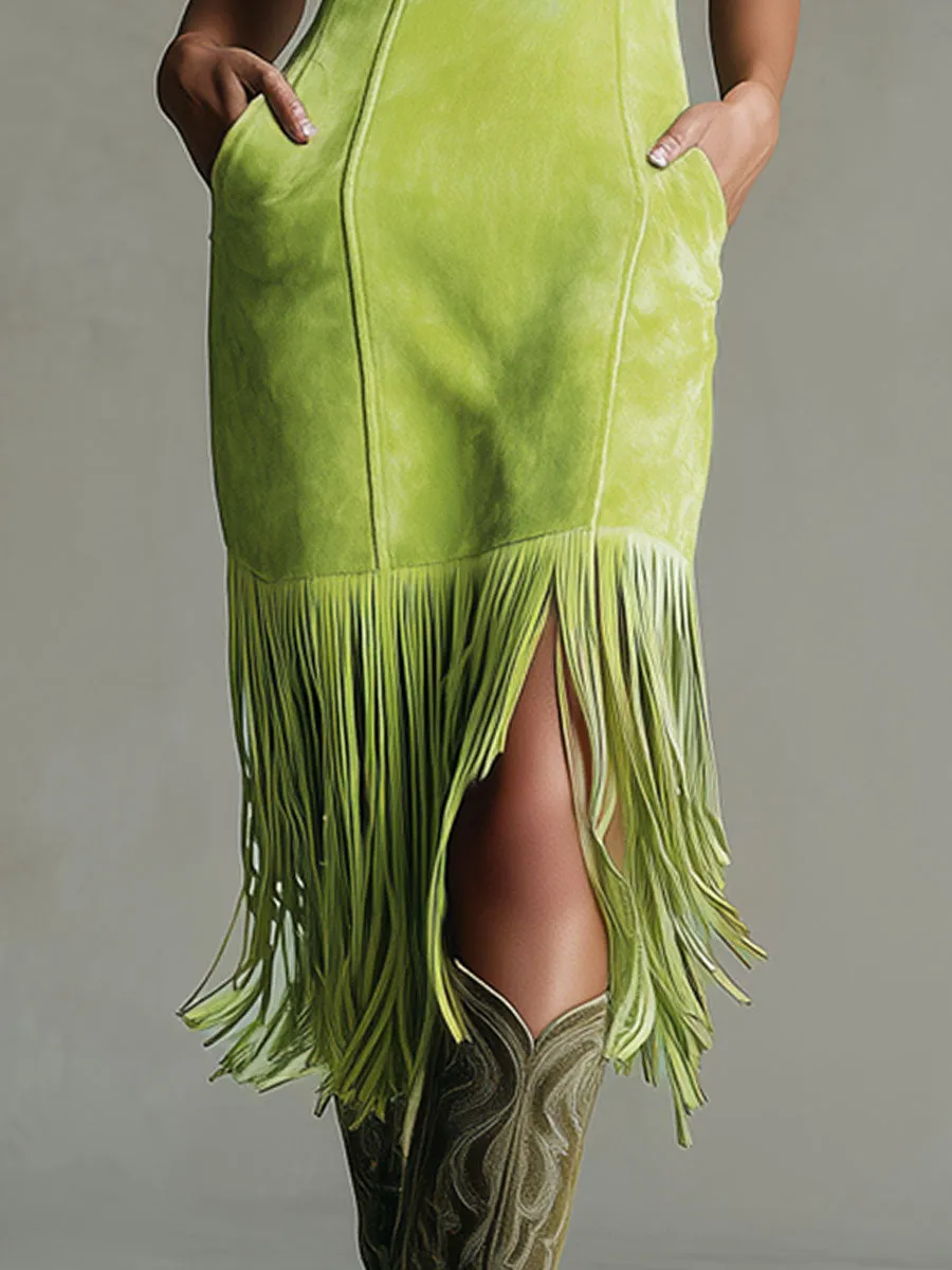 Western Retro Fluorescent Green Faux Suede Embroidered Tassel Midi Dress sold by Oyrosy product image thumbnail 5