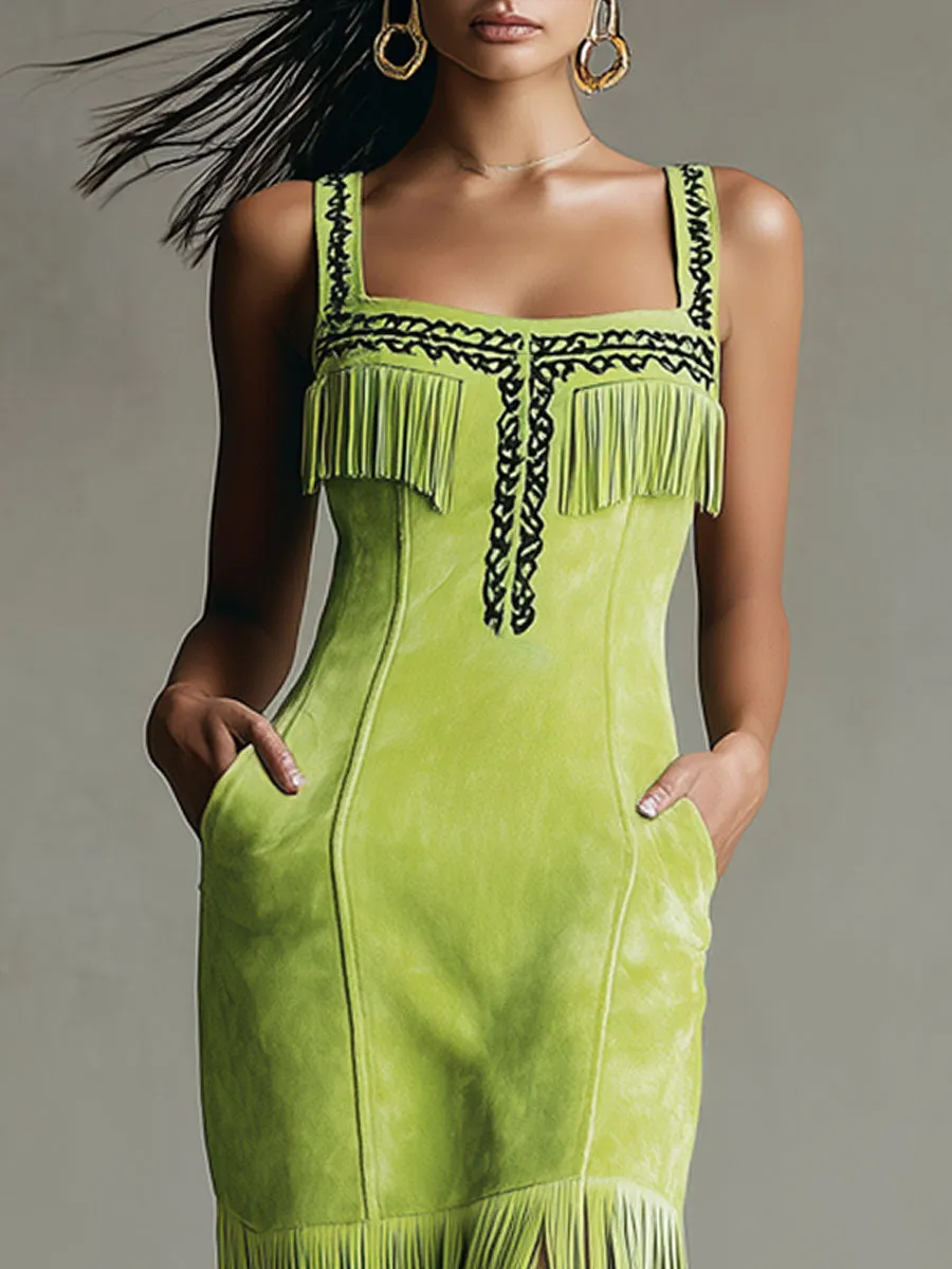 Western Retro Fluorescent Green Faux Suede Embroidered Tassel Midi Dress sold by Oyrosy product image thumbnail 4