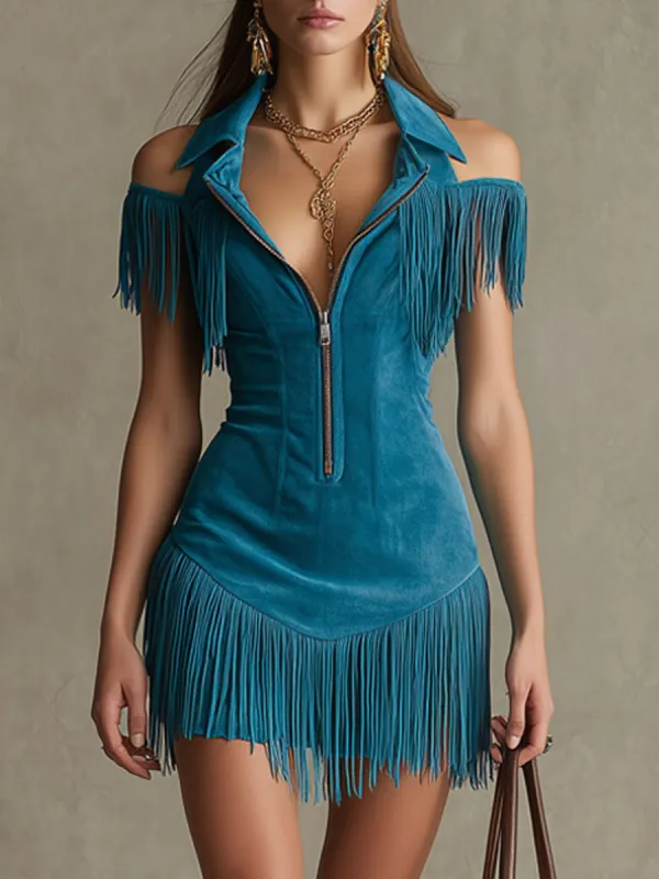 Western Retro Peacock Blue Faux Suede Hollow-Out Tassel Mini Dress sold by Oyrosy