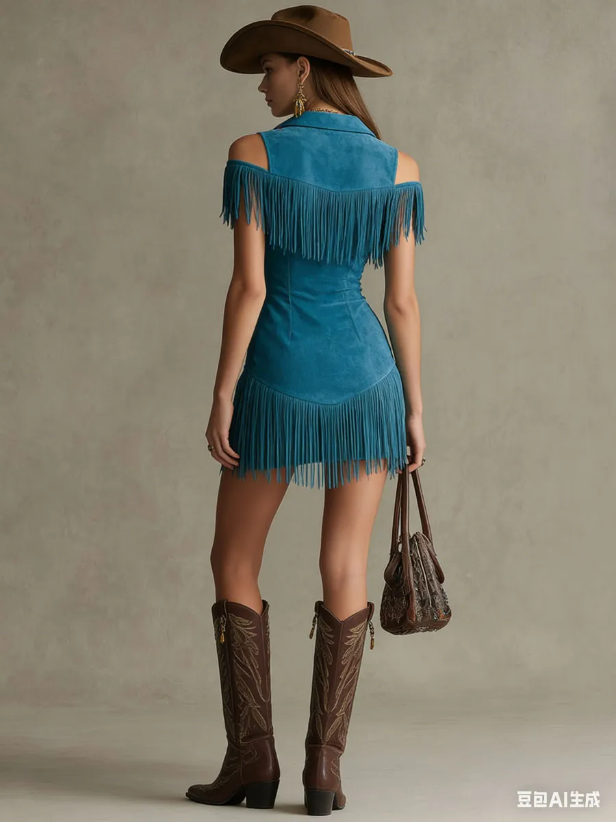 Western Retro Peacock Blue Faux Suede Hollow-Out Tassel Mini Dress sold by Oyrosy product image thumbnail 3