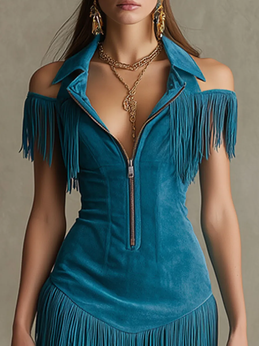 Western Retro Peacock Blue Faux Suede Hollow-Out Tassel Mini Dress sold by Oyrosy product image thumbnail 5