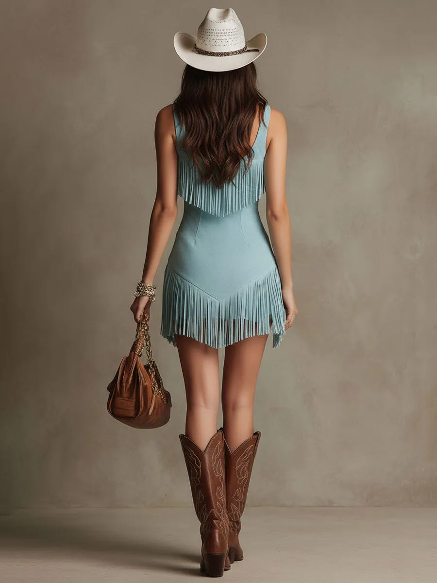 Western Retro Light Blue Faux Suede Sleeveless Tassel Mini Dress sold by Oyrosy product image thumbnail 3