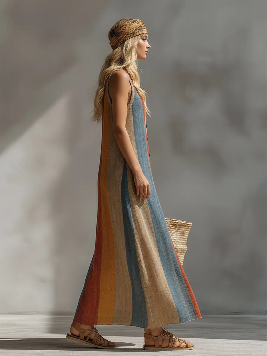 Retro Vacation Style Rainbow-colored Lightweight Knit Sleeveless Maxi Dress sold by Oyrosy product image thumbnail 3