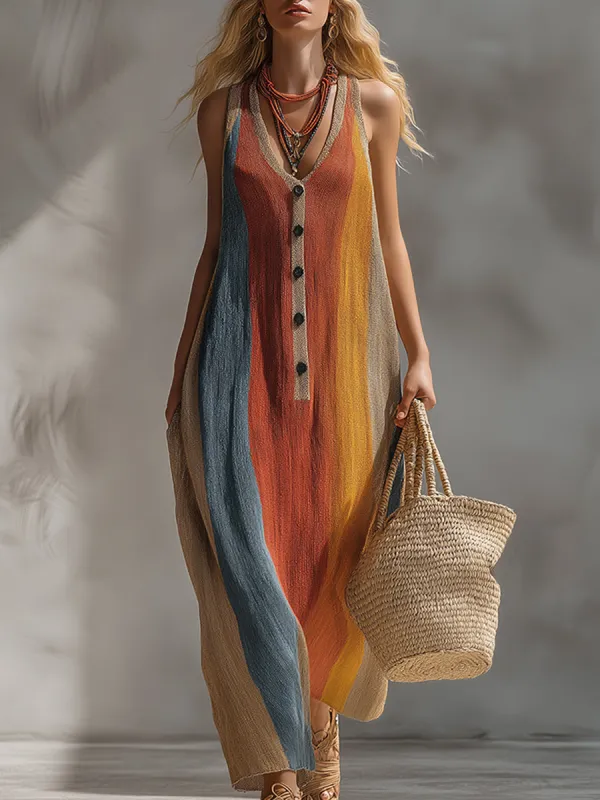 Retro Vacation Style Rainbow-colored Lightweight Knit Sleeveless Maxi Dress sold by Oyrosy