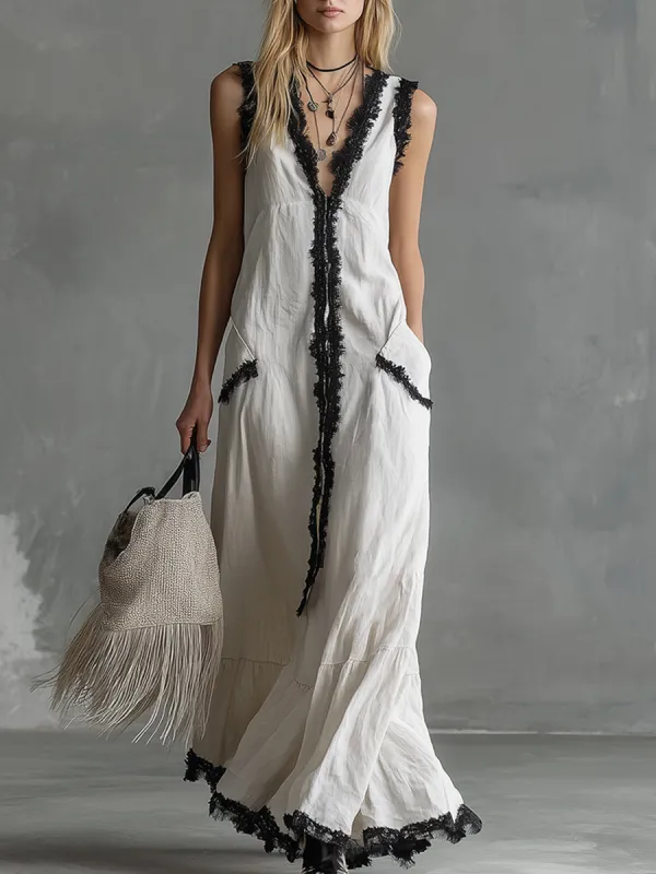 Elegant Urban Style Lace-trimmed White Cotton And Linen Sleeveless Maxi Dress sold by Oyrosy
