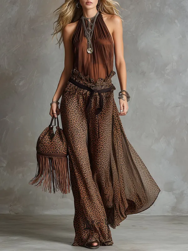 Retro Urban Style Brown Chiffon Halter Top And Leopard Print Wide-leg Pants Set made by Oyrosy