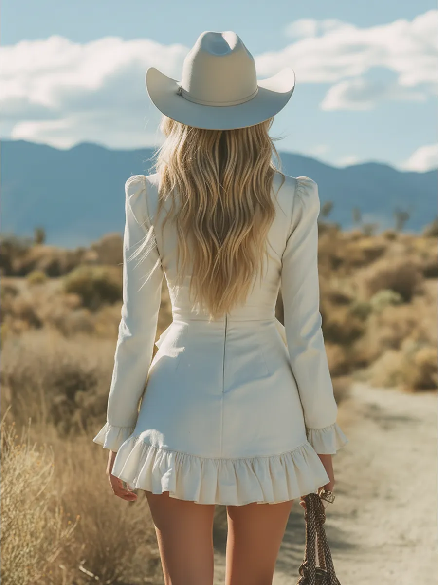 Outdoor Western-style Retro V-neck Ruffled Mini Dress sold by Oyrosy product image thumbnail 3