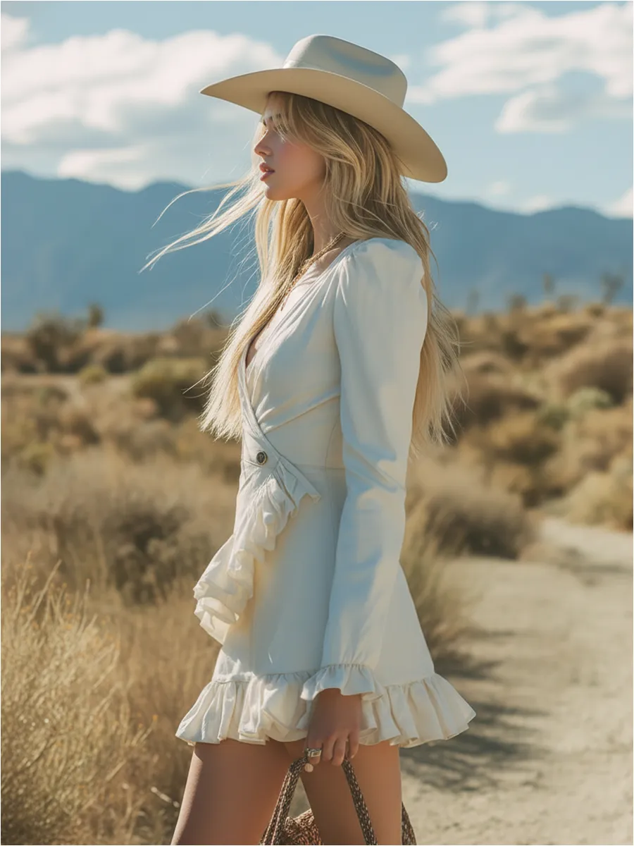 Outdoor Western-style Retro V-neck Ruffled Mini Dress sold by Oyrosy product image thumbnail 2