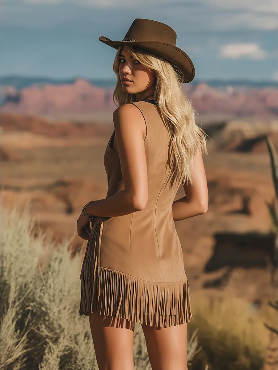 Retro Western Style V-neck Embroidered Fringed Faux Suede Mini Dress sold by Oyrosy product image thumbnail 2