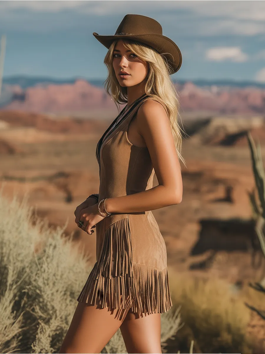 Retro Western Style V-neck Embroidered Fringed Faux Suede Mini Dress sold by Oyrosy product image thumbnail 3